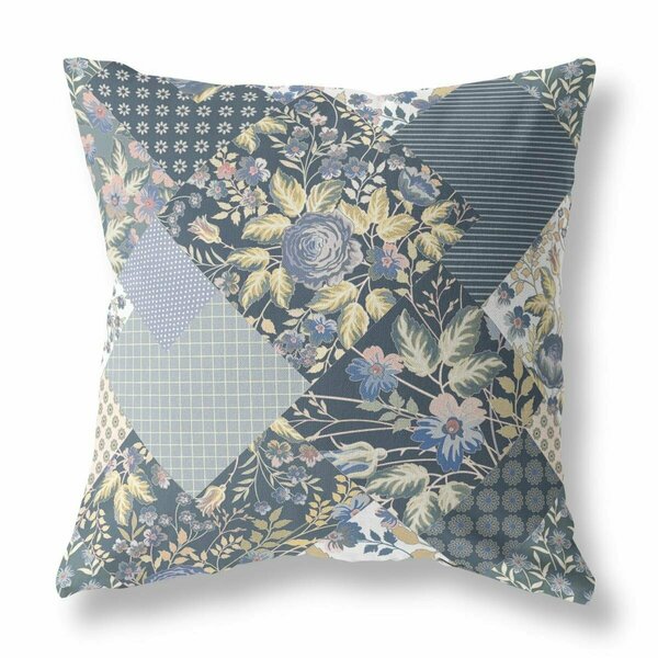 Homeroots 16 in. Boho Floral Indoor & Outdoor Throw Pillow Dark Blue & Yellow 413945